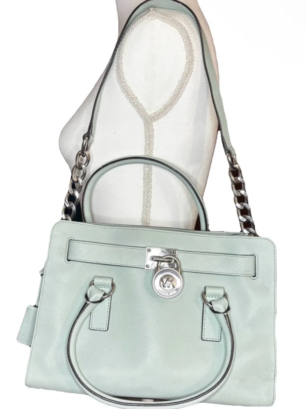 Michael Kors Hamilton Mint Green Saffiano Leather Satchel Tote Silver Lock Bag